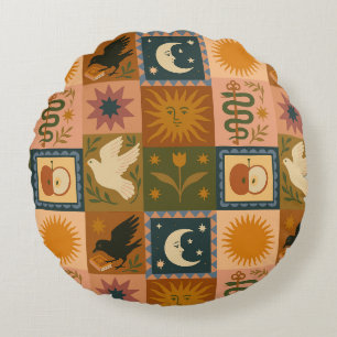 Boho Celestial Retro Sonne & Mond Rundes Kissen
