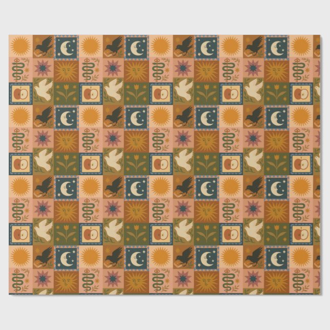 Boho Celestial | Retro Sun & Moon Geschenkpapier (Flach)