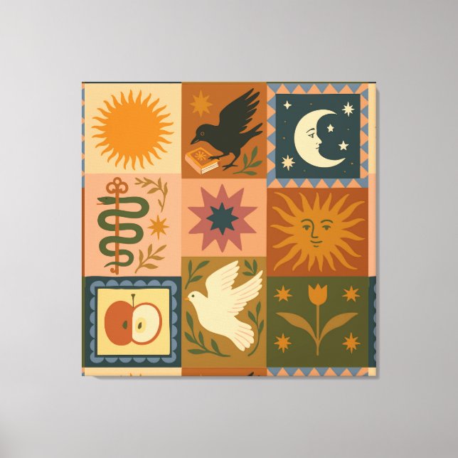 Boho Celestial | Retro Sun & Moon Leinwanddruck (Vorderseite)