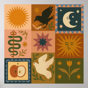 Boho Celestial   Retro Sun & Moon Poster