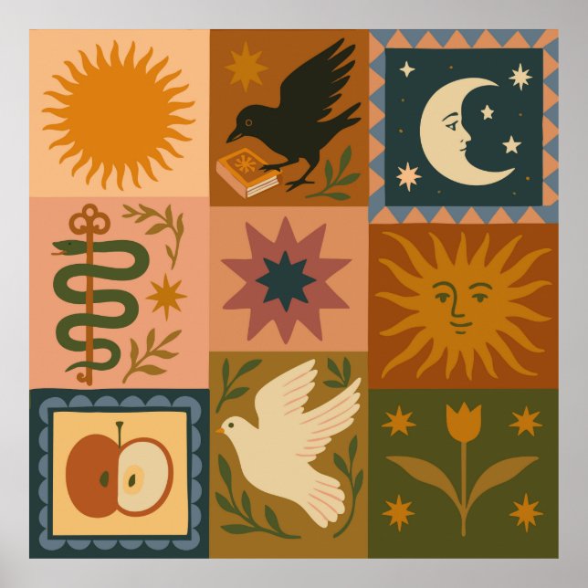 Boho Celestial | Retro Sun & Moon Poster (Vorne)