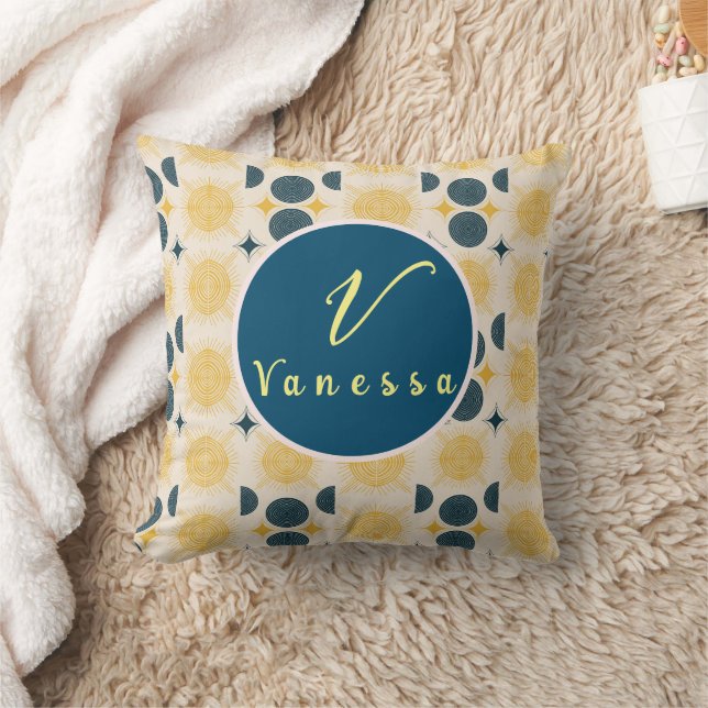 Boho Celestial Sun Moon Monogram Script Kissen (Decke)