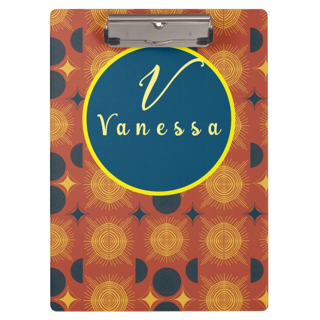 Boho Celestial Sun Moon Monogram Script Klemmbrett (Vorderseite)