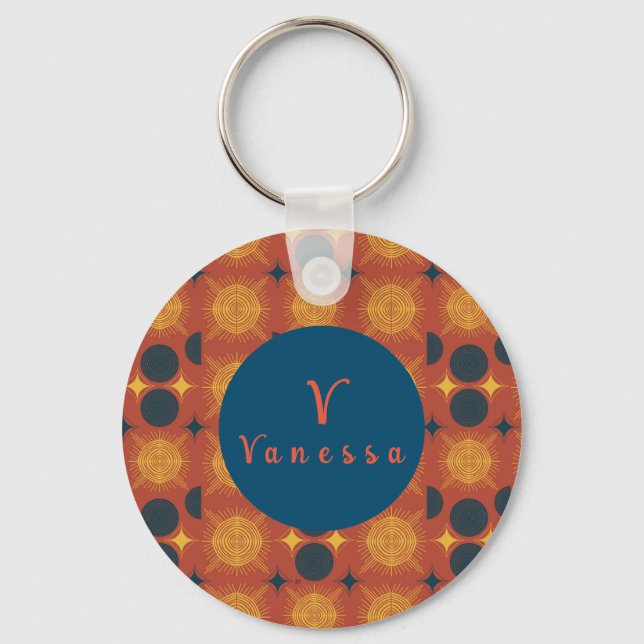 Boho Celestial Sun Moon Monogram Script Schlüssela Schlüsselanhänger (Vorderseite)