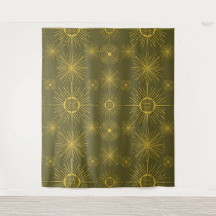 Boho Celestial Sun Stars Green Pattern Wandteppich