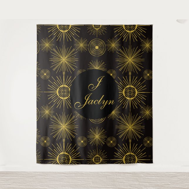 Boho Celestial Sun Stars Personalisiert Black Wandteppich (Vorderseite)