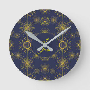 Boho Celestial Sun Stars Personalisiert Blue Runde Wanduhr