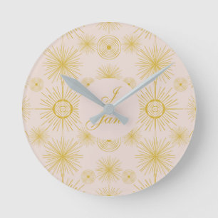 Boho Celestial Sun Stars Personalisierte Elfenbein Runde Wanduhr