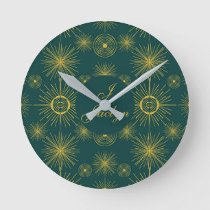 Boho Celestial Sun Stars Personalized Teal Runde Wanduhr