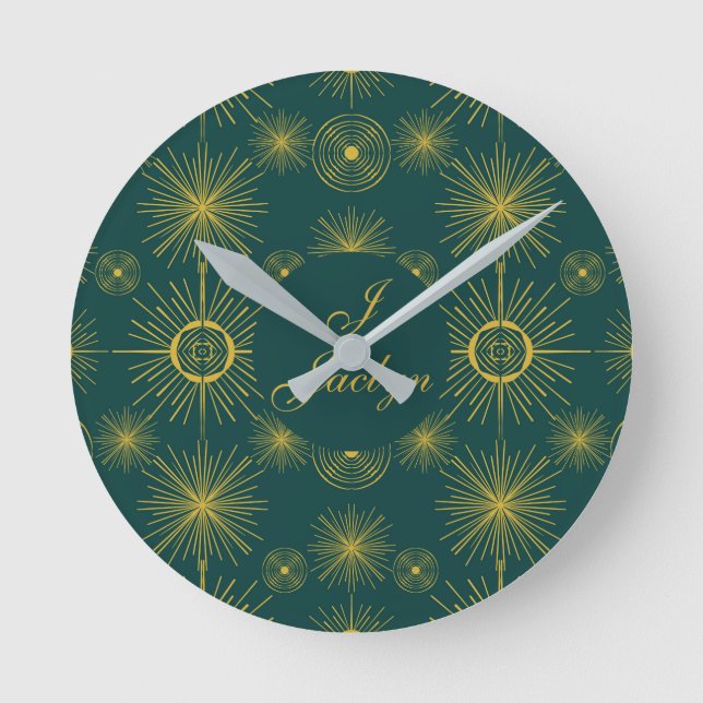 Boho Celestial Sun Stars Personalized Teal Runde Wanduhr (Vorderseite)