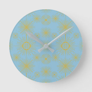 Boho Celestial Sun Stars Sky Blue Runde Wanduhr