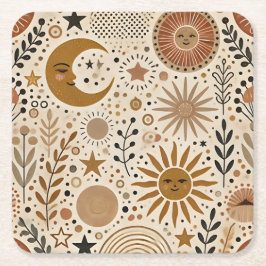 Boho Celestial Sun und Moon Pattern Rechteckiger Pappuntersetzer
