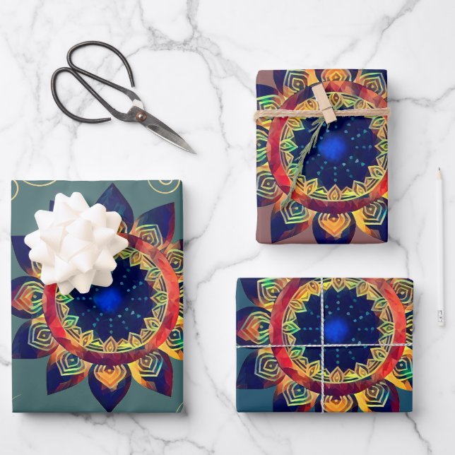 Boho Celtic Rainbow Blume Mandala Geschenkpapier Set (Vorderseite)