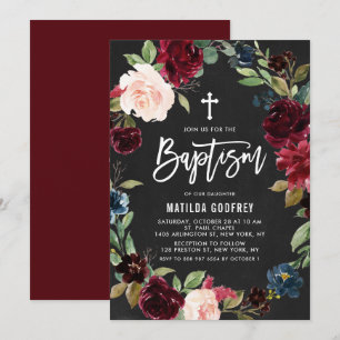 Boho Chalkboard Burgundy Blumenreath Taufen Einladung