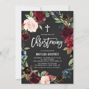 Boho Chalkboard Burgundy Floral Wreath Christening Einladung