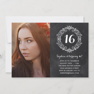 Boho Chalkboard Photo Sweet Sixteen Birthday Einladung
