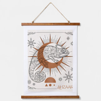 Boho-Chamäleon Sonne und Sterne Reptilien-Kunst Wandteppich Mit Holzrahmen