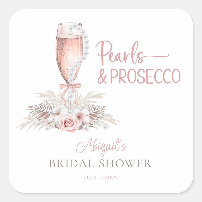 Boho Champagne Glass Pearls & Prosecco Brautparty Quadratischer Aufkleber (Vorderseite)