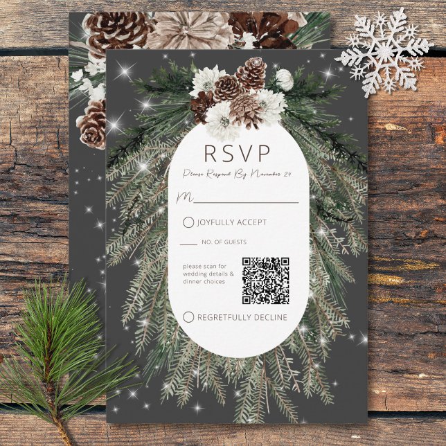 Boho Charcoal Pine Winter Sparkle QR-Code RSVP Karte (Boho Charcoal Pine Winter Sparkle QR Code RSVP Card)