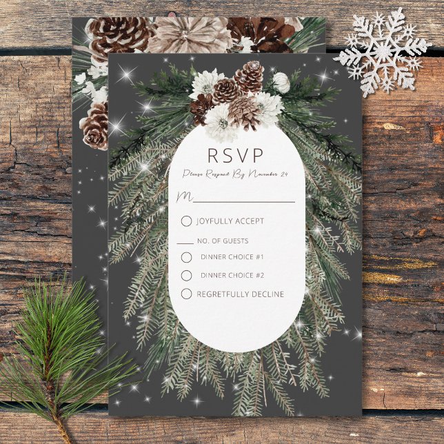 Boho Charcoal Pine Winter Sparkon Zwei Abendessen RSVP Karte (Boho Charcoal Pine Winter Sparkle Wedding RSVP Card)