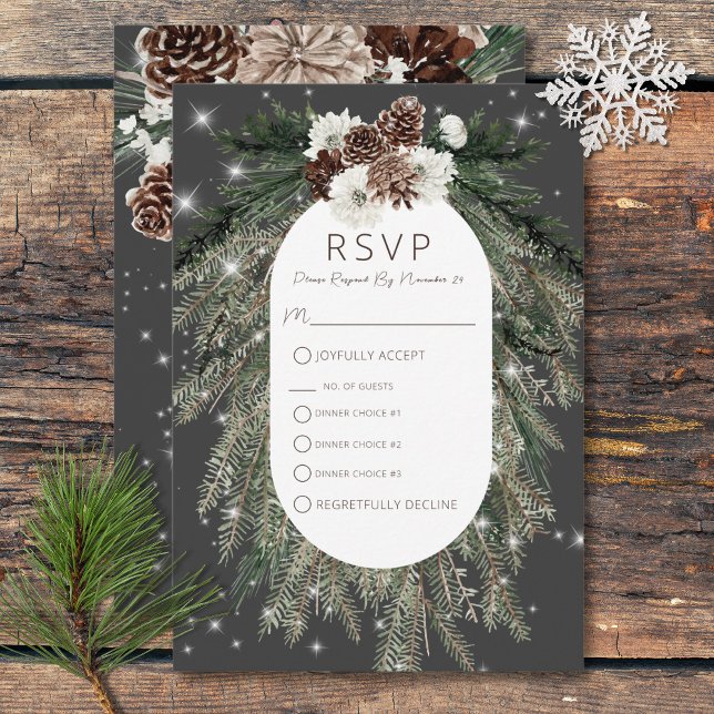 Boho Charcoal Pine Winter Sparkone RSVP Karte (Boho Charcoal Pine Winter Sparkle Three Dinner RSVP Card)