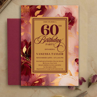 Boho-chic 60. Geburtstag Burgunder Gold Aquarell Einladung
