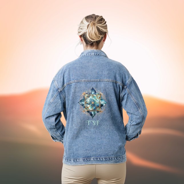 Boho Chic Aqua Aquamarin und Blue Mandala mit Init Jeansjacke (Von Creator hochgeladen)