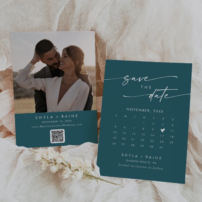 Boho Chic Aquamarin Blue QR Code Foto Calendar Save The Date (Von Creator hochgeladen)