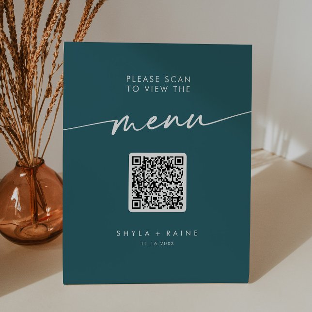 Boho Chic Aquamarin Blue QR Code Wedding Menu Sockelschild (Von Creator hochgeladen)
