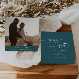 Boho Chic Aquamarin Blue Square Foto Zurück Save The Date