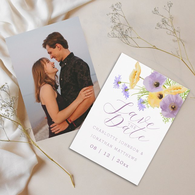 Boho Chic Aquarell Wildblumen Foto Hochzeit Save The Date (Elegant script wildflower bouquet watercolor purple yellow floral wedding save the date invitation)