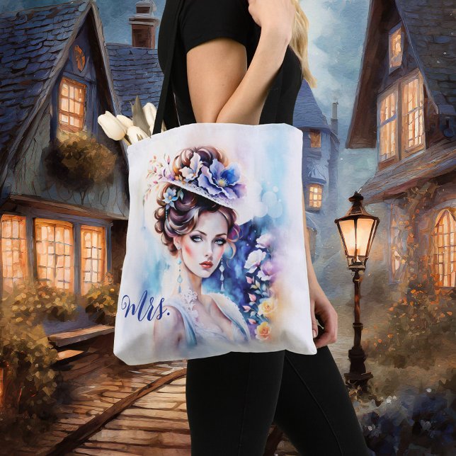 Boho Chic Artistic Watercolor Mrs. Wedding (Elegant tote bag featuring a watercolor painting of chic lady wearing a hat with flowers - bride)