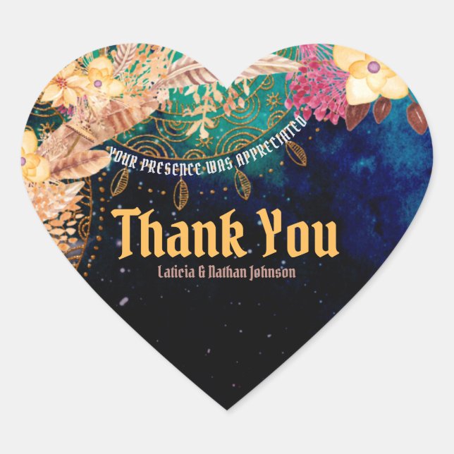 Boho Chic Baby Dusche Bohemisch Blumen & Feathers Herz-Aufkleber (Vorderseite)