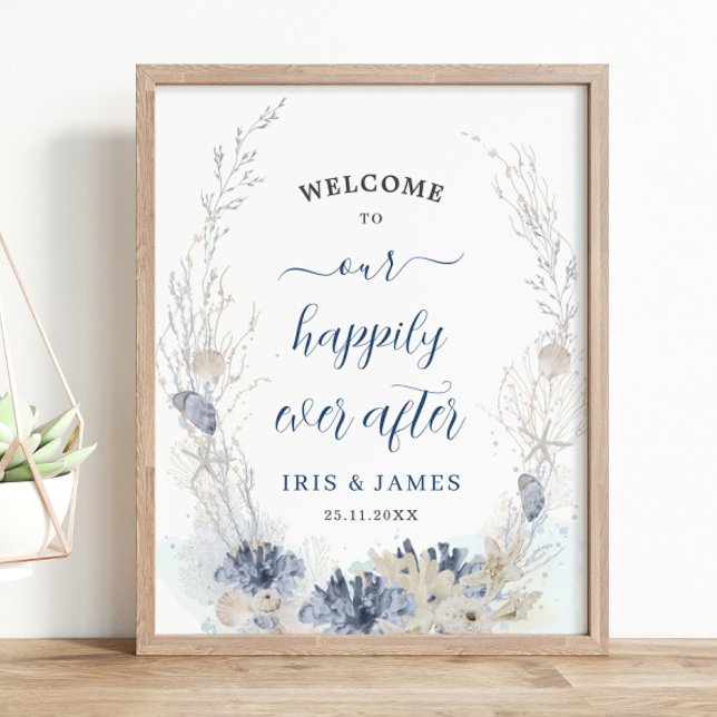 Boho Chic Beach Coastal Wedding Willkommen Poster (ethereal soft blue neutral beach destination beachside nautical resort wedding welcome sign poster)