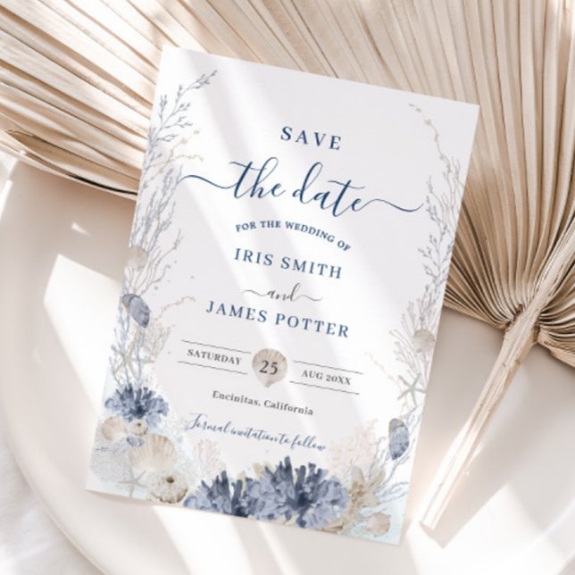 Boho Chic Beach Resort Hochzeit in Urlaubsort Save The Date (boho chic beach wedding save the date cards pastel soft blue corals reefs shells oceanfront resort)