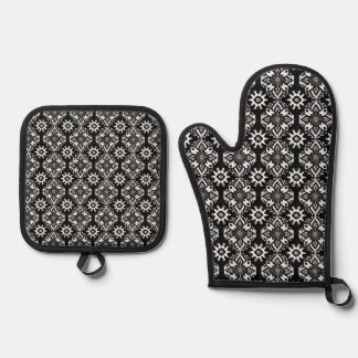Boho Chic Black and White Floral Pattern Ofenhandschuh & Topflappen-Set