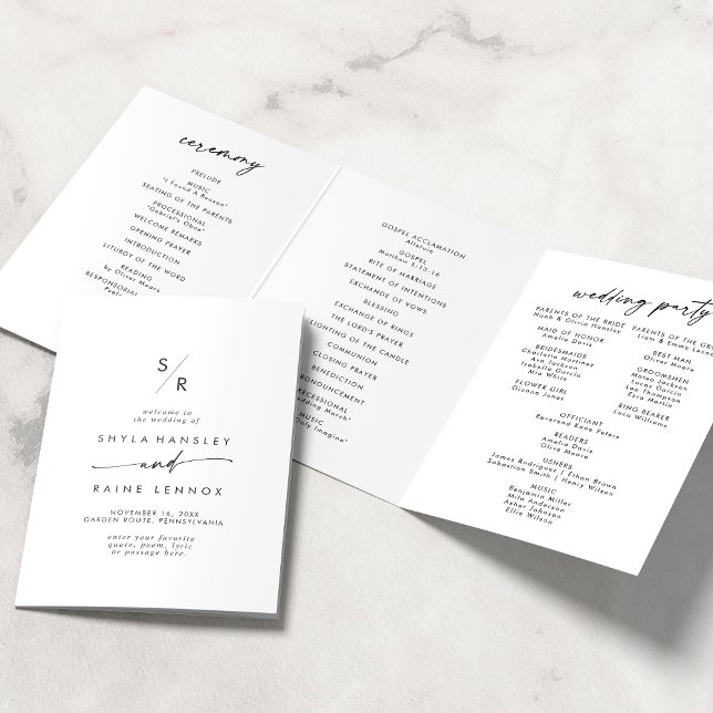 Boho Chic Black and White Monogram Wedding Dreifach-gefaltete Programmkarte (Von Creator hochgeladen)