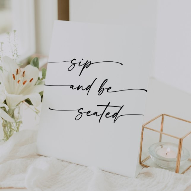 Boho Chic Black and White Sip sitzen Hochzeit Sockelschild (Boho Chic Black and White Sip Be Seated Wedding Pedestal Sign)