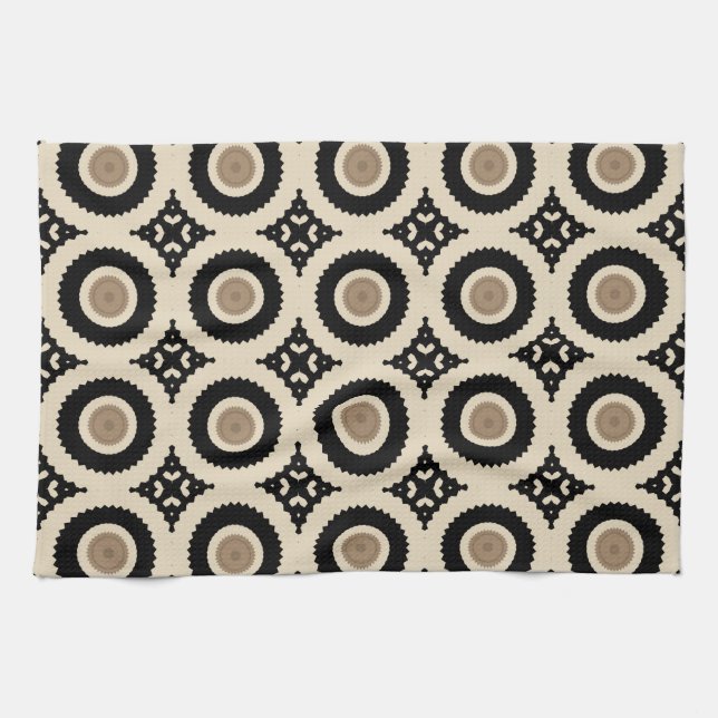 Boho Chic Black & Beige Geometric Pattern Geschirrtuch (Horizontal)