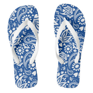Boho Chic Blue White Paisley und Blume Muster Flip Flops
