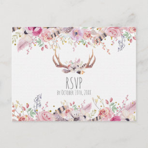 Boho Chic Blume Deer Antlers Rustic Wedding RSVP Einladungspostkarte