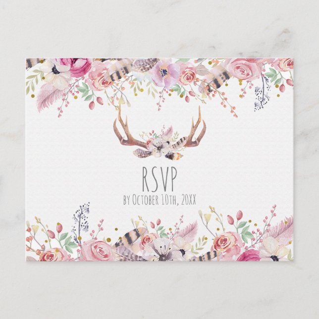 Boho Chic Blume Deer Antlers Rustic Wedding RSVP Einladungspostkarte (Vorderseite)