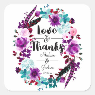 Boho-Chic-Blumenkranz Lila Lieb & Dank Gefallen Quadratischer Aufkleber