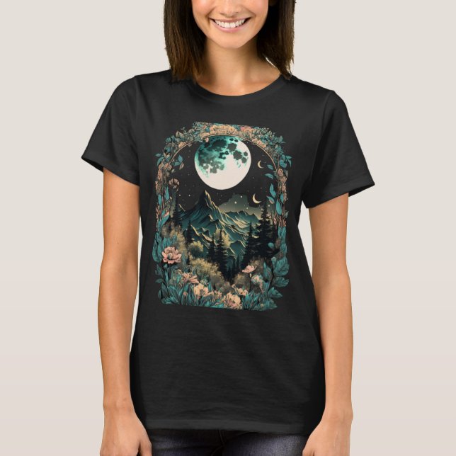 Boho Chic Blumenmoon Bergwald Natur Retro T-Shirt (Vorderseite)