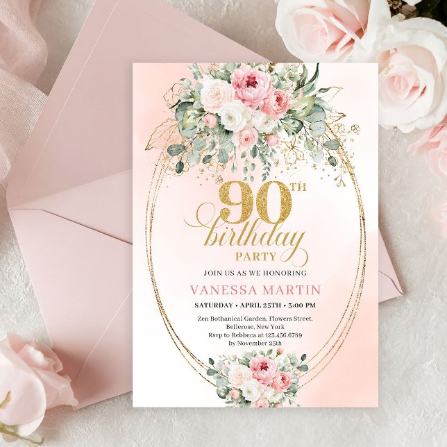 Boho Chic Blush Floral Greenery Gold 90th Birthday Einladung (Boho Chic Blush Floral Greenery 90th Birthday Invite)