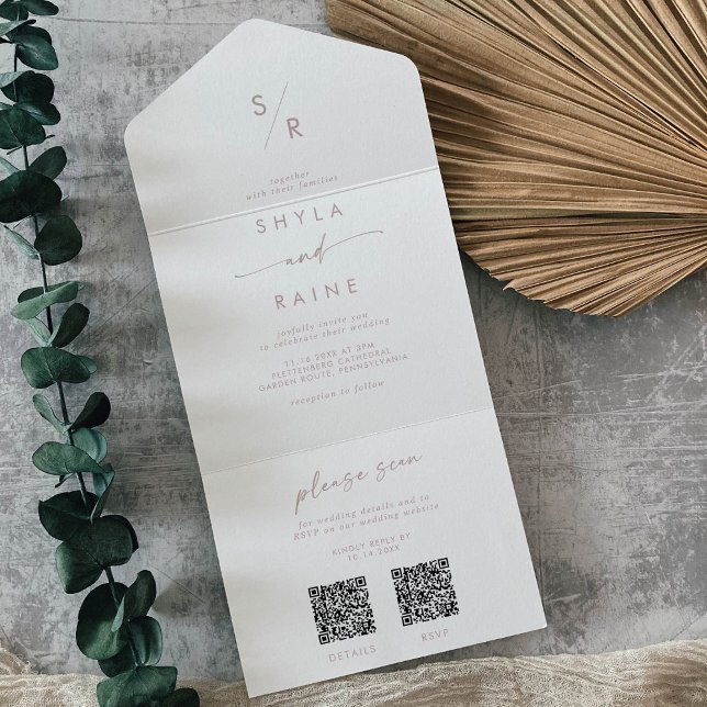 Boho Chic Blush Pink Dual QR Code Hochzeit All In One Einladung (Von Creator hochgeladen)