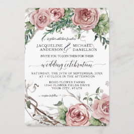 BOHO Chic Blush Pink Floral Rustic Wreath Wedding Einladung