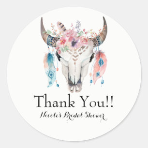 Boho Chic Bohemian Federn & Kuh-Schädel-Party Runder Aufkleber