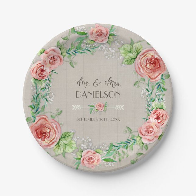 BOHO Chic Bohemisch Rustic Floral Gray Barn Wood Pappteller (Vorderseite)