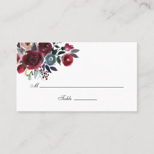Boho-Chic-Bordeauxrot und Navy-Blumen-Hochzeit Platzkarte
